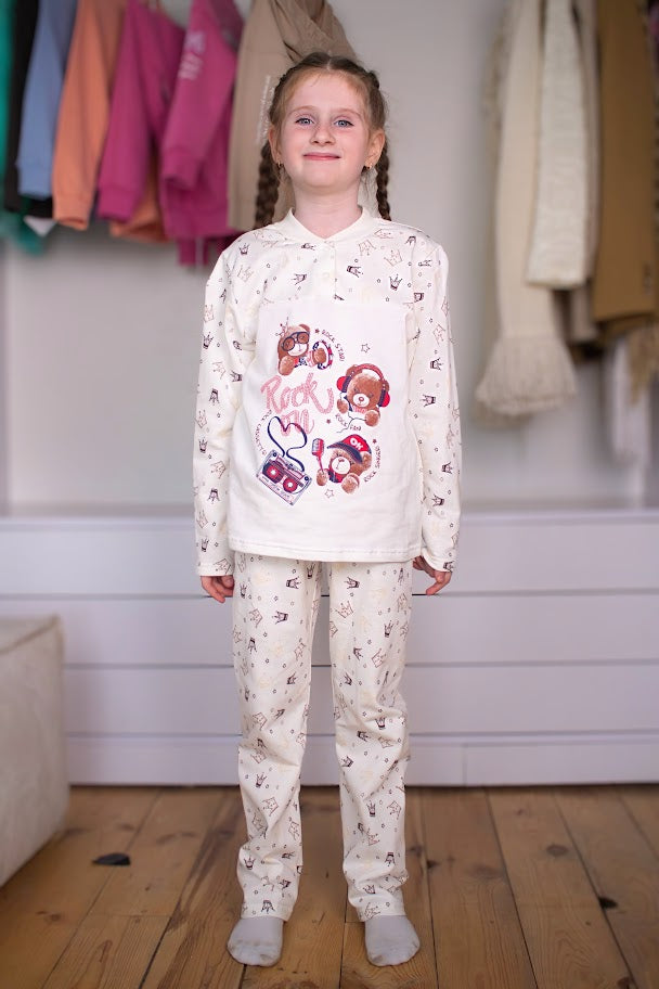 Girls’ Warm Brushed Pajama Set – Button Neck & Cute Print, , Demi-season,  No...