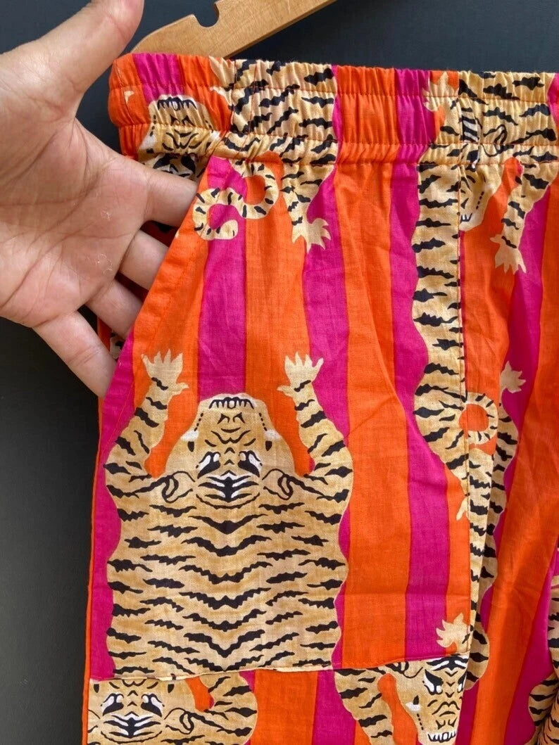 Indian Pink Tiger Striped Print Cotton Pajama Set Bridesmaid PJ Set Loose Cloths