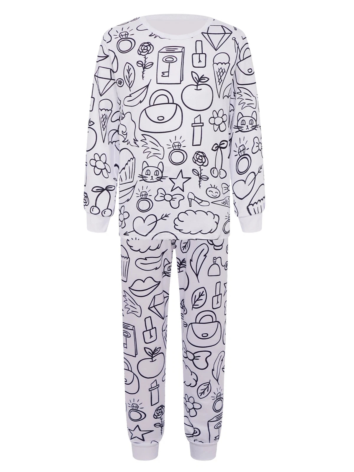 Kids Pajama Sets Hand-Painted Long Sleeve Top Elastic Waist Pants Home Sleepwear