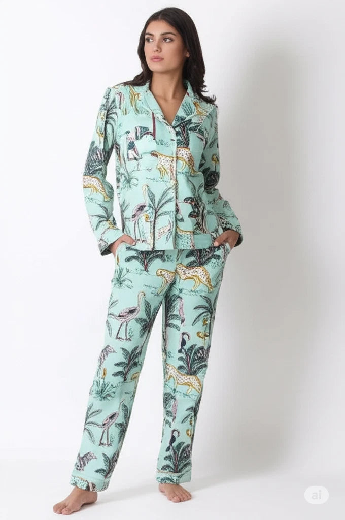 Indian Cotton Green Tiger PJ Set Bridesmaid Pajama Set Women Nightwear Suits US