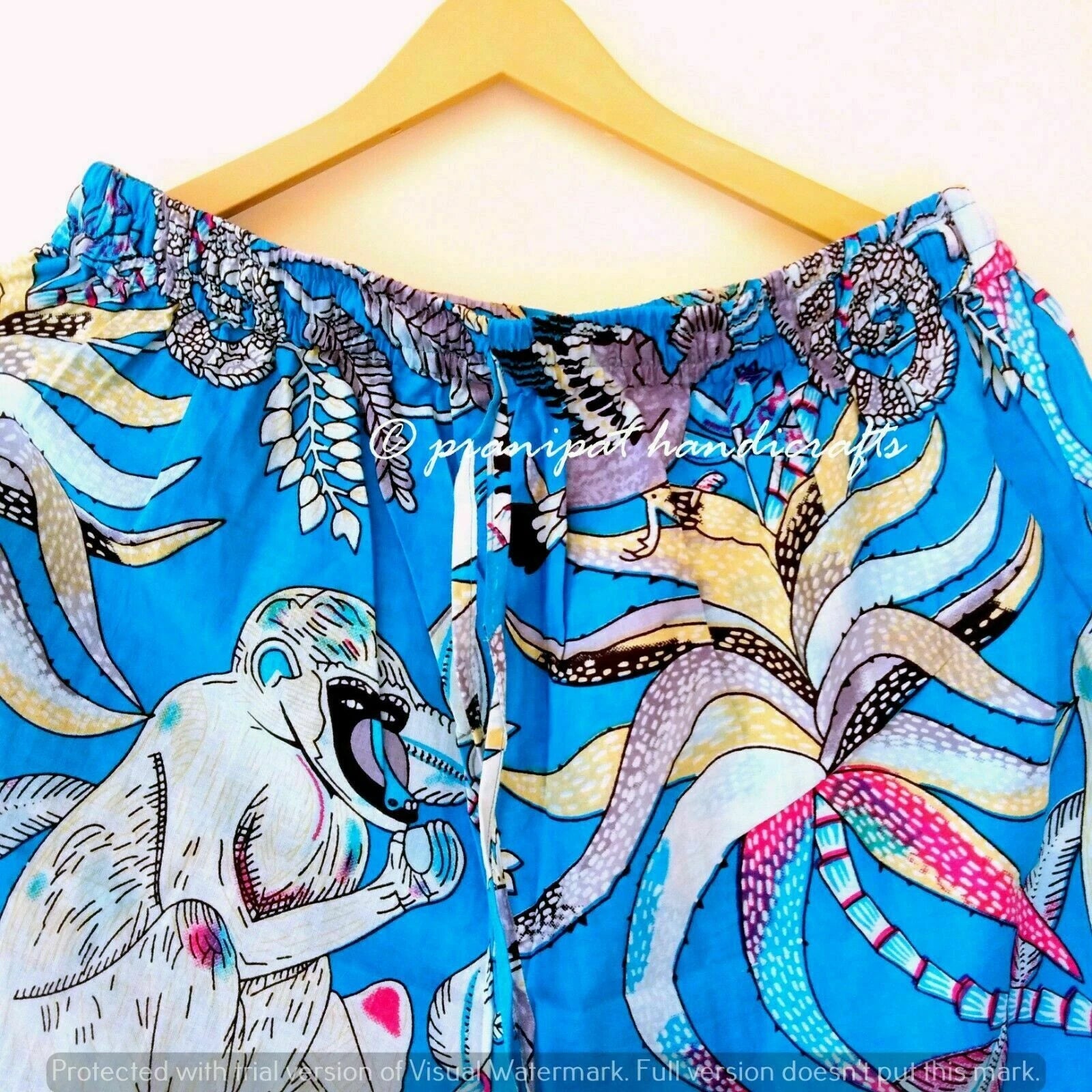 Indian Monkey Printed Cotton Turquoise Blue Women Gypsy Top-Pajama set Sleepwear