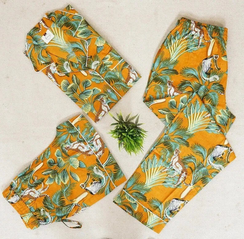 Indian Cotton Yellow Tree PJ Set Bridesmaid Pajama Set Women Nightwear Suits US