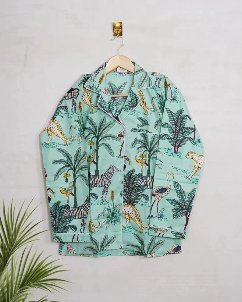 Indian Cotton Green Tiger PJ Set Bridesmaid Pajama Set Women Nightwear Suits US