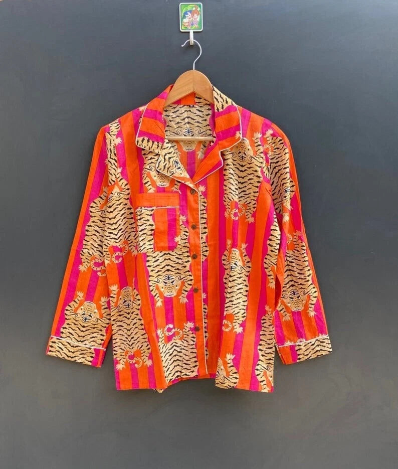 Indian Pink Tiger Striped Print Cotton Pajama Set Bridesmaid PJ Set Loose Cloths