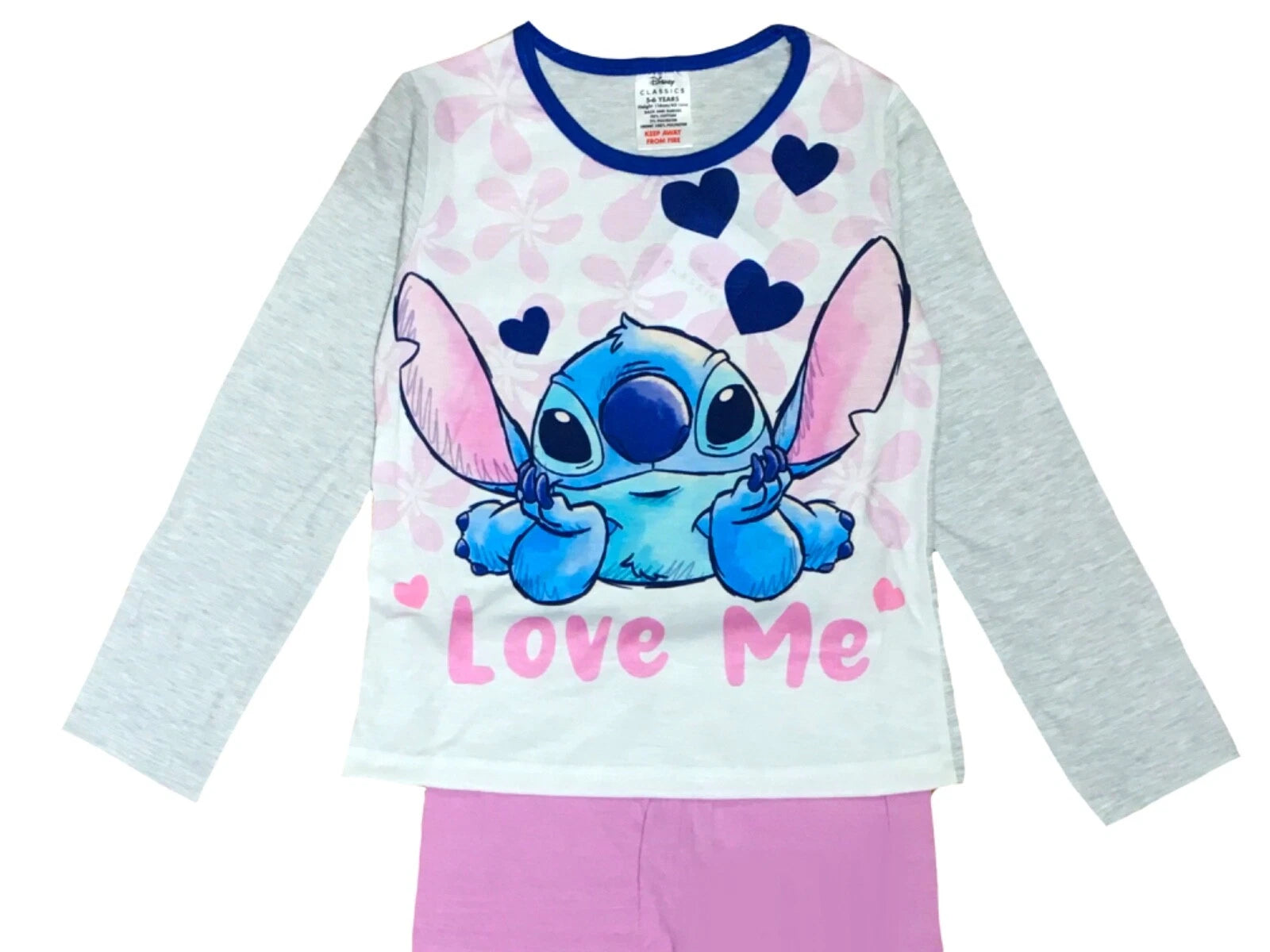 Girls Lilo & Stitch Pyjamas PJs 4-13 Years Purple Grey Pink Long Sleeved Trouser