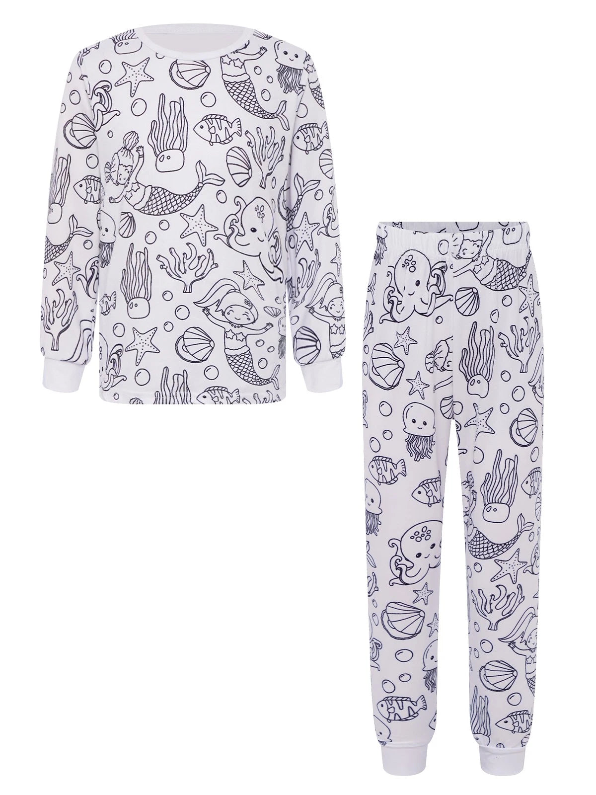 Kids Pajama Sets Hand-Painted Long Sleeve Top Elastic Waist Pants Home Sleepwear