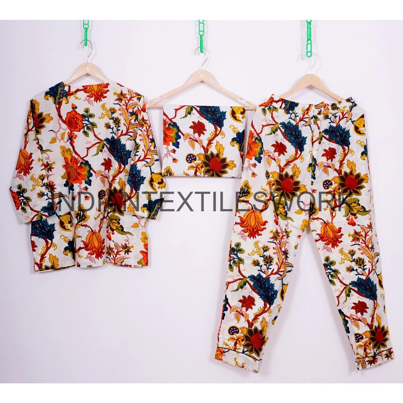 Indian Cotton Pajama Set Flower Print Sleepwear PJ Set Night Suit Women Dress