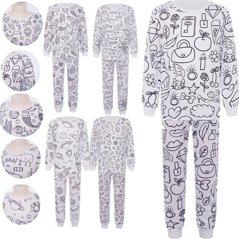 Kids Pajama Sets Hand-Painted Long Sleeve Top Elastic Waist Pants Home Sleepwear