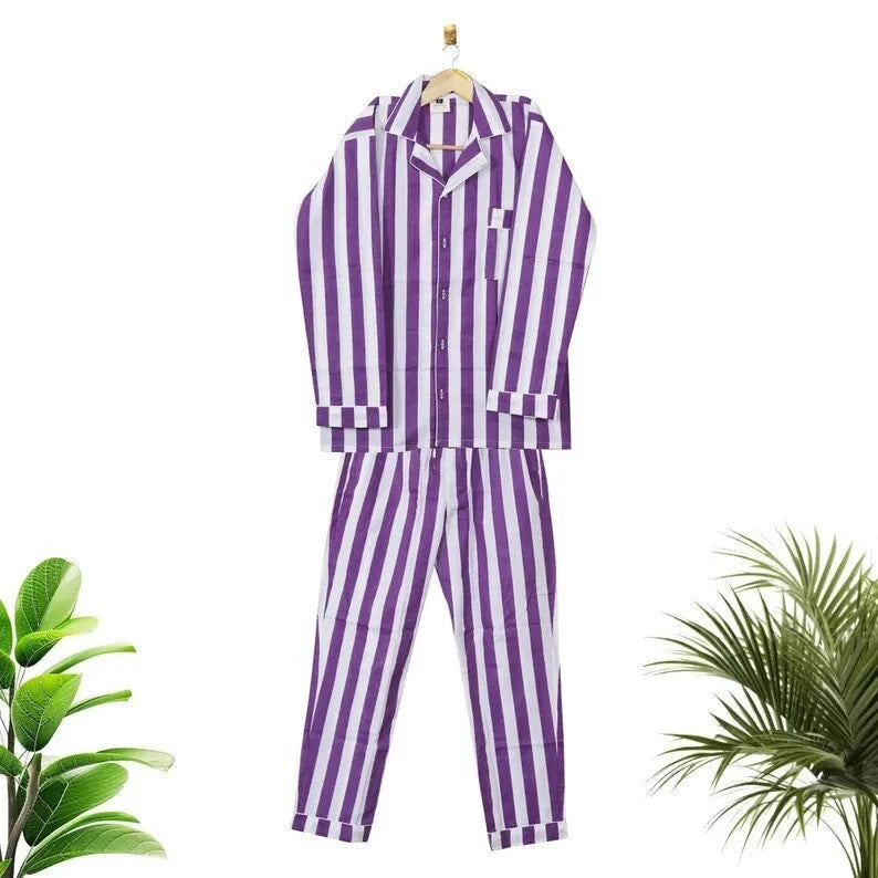 Cotton Striped Print Indian PJ Set Bridesmaid Pajama Set Women Nightwear Suit US