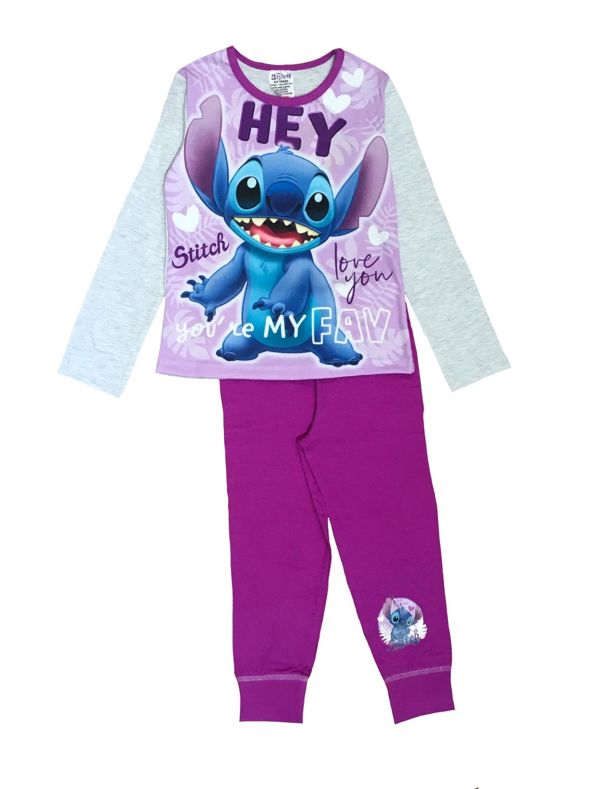 Girls Lilo & Stitch Pyjamas PJs 4-13 Years Purple Grey Pink Long Sleeved Trouser