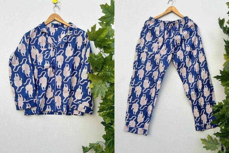 Indian 100%Cotton Animal Print PJ Set Bridesmaid Pajama Set Women Nightwear Suit
