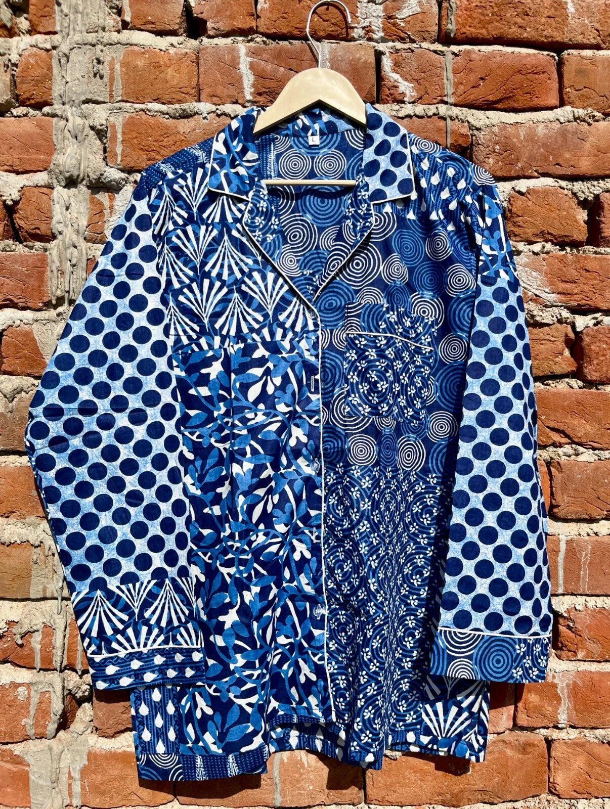 Indian Cotton Blue Patchwork PJ Set Bridesmaid Pajama Set Women Nightwear Suits