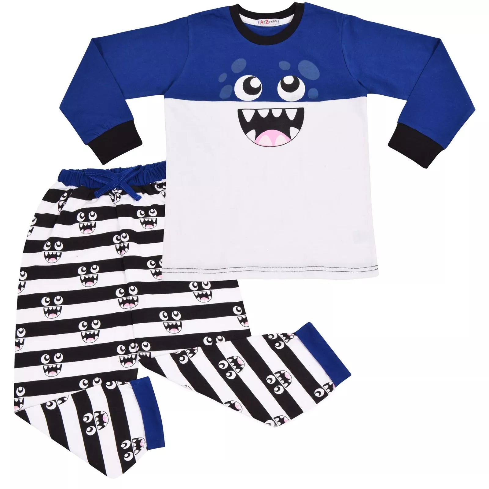 Girls Boys Cute Monster Royal Blue Pyjamas PJs 2 Piece Cotton Set Nightwear Yr