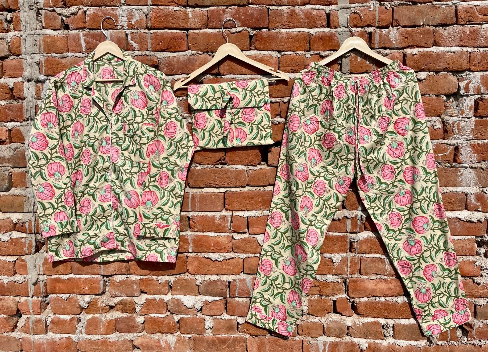 Indian Cotton Beige Floral PJ Set Bridesmaid Pajama Set Women Nightwear Suit US