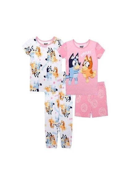 Girl’s BLUEY 4- Piece " SMILE" Tops & Bottoms Pajama Set Size 6 NWT