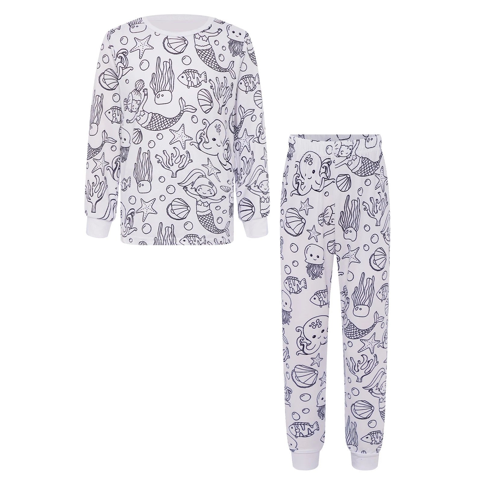 Kids Pajama Sets Hand-Painted Long Sleeve Top Elastic Waist Pants Home Sleepwear