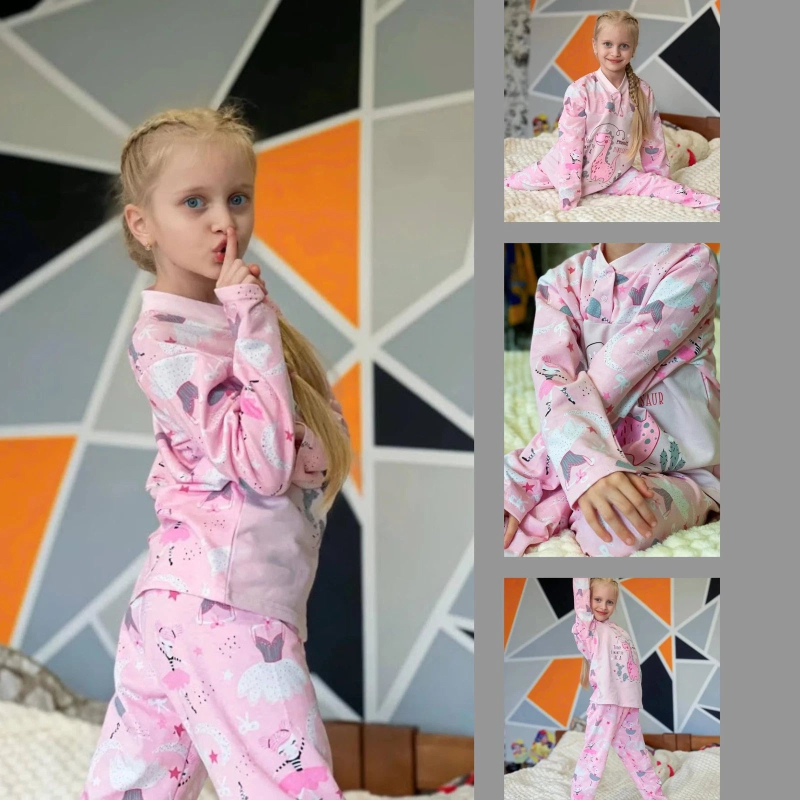 Girls’ Warm Brushed Pajama Set – Button Neck & Cute Print, , Demi-season,  No...