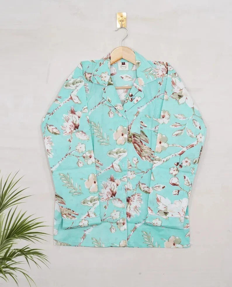 Indian Cotton Green Birds PJ Set Bridesmaid Pajama Set Women Nightwear Suits US