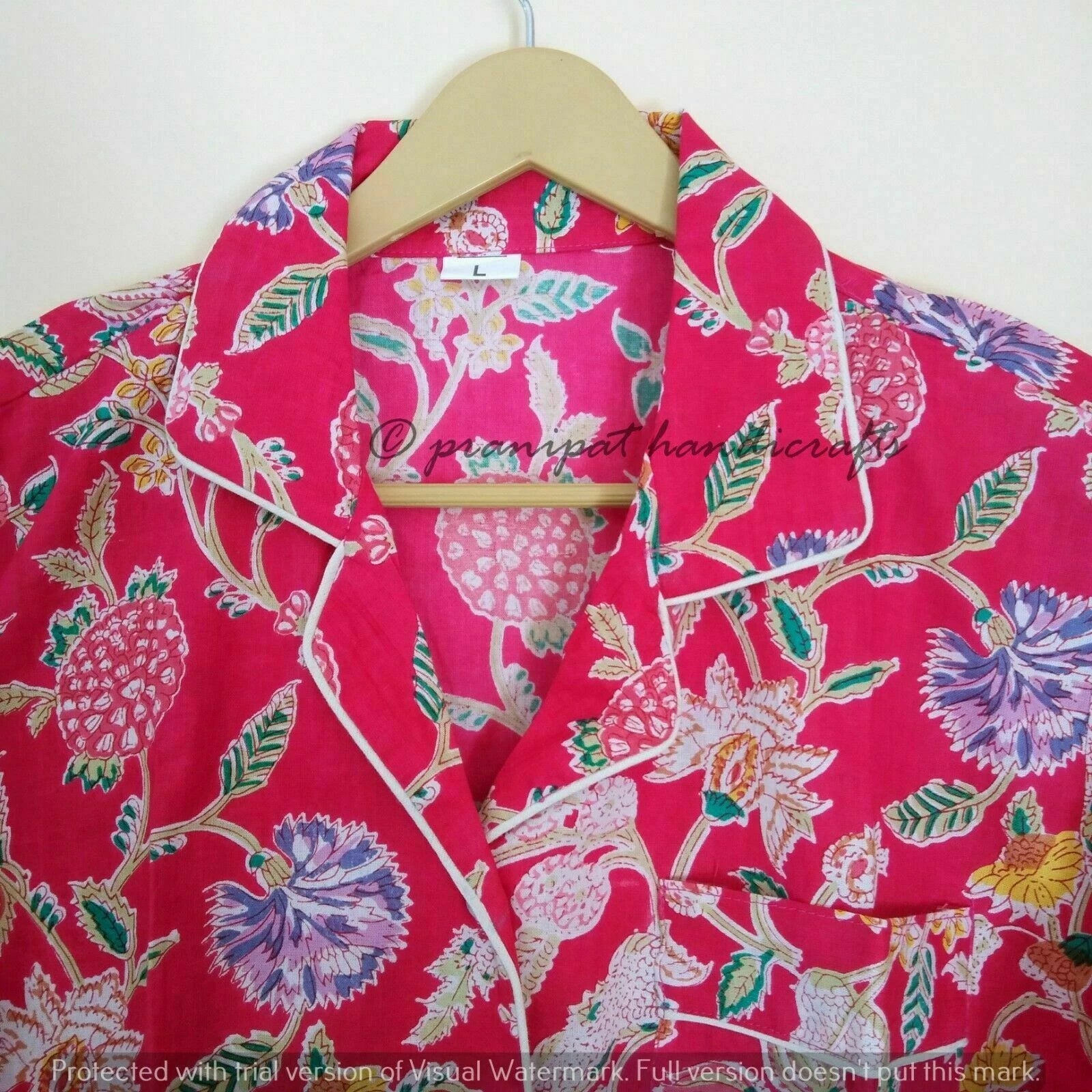 Indian Floral Printed Hippie Cotton Pink Women Gypsy Top-Pajama set Sleepwear