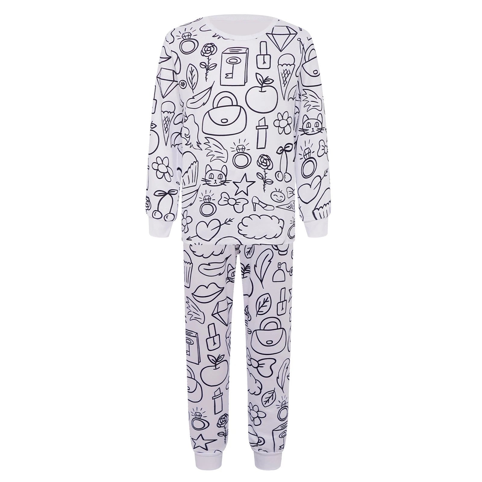 Kids Pajama Sets Hand-Painted Long Sleeve Top Elastic Waist Pants Home Sleepwear