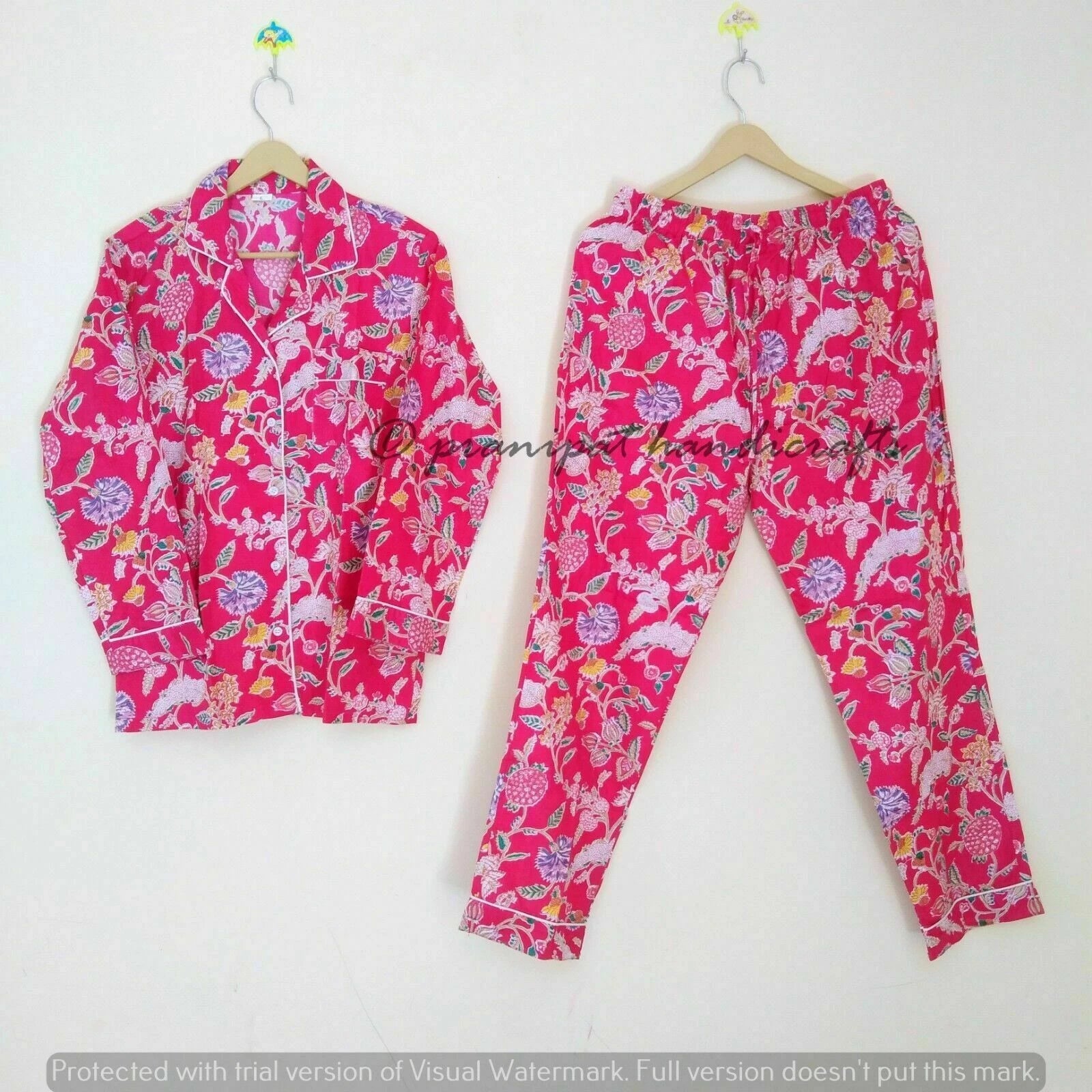 Indian Floral Printed Hippie Cotton Pink Women Gypsy Top-Pajama set Sleepwear