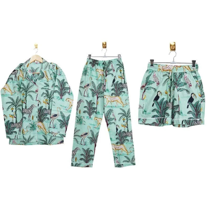 Indian Cotton Green Tiger PJ Set Bridesmaid Pajama Set Women Nightwear Suits US