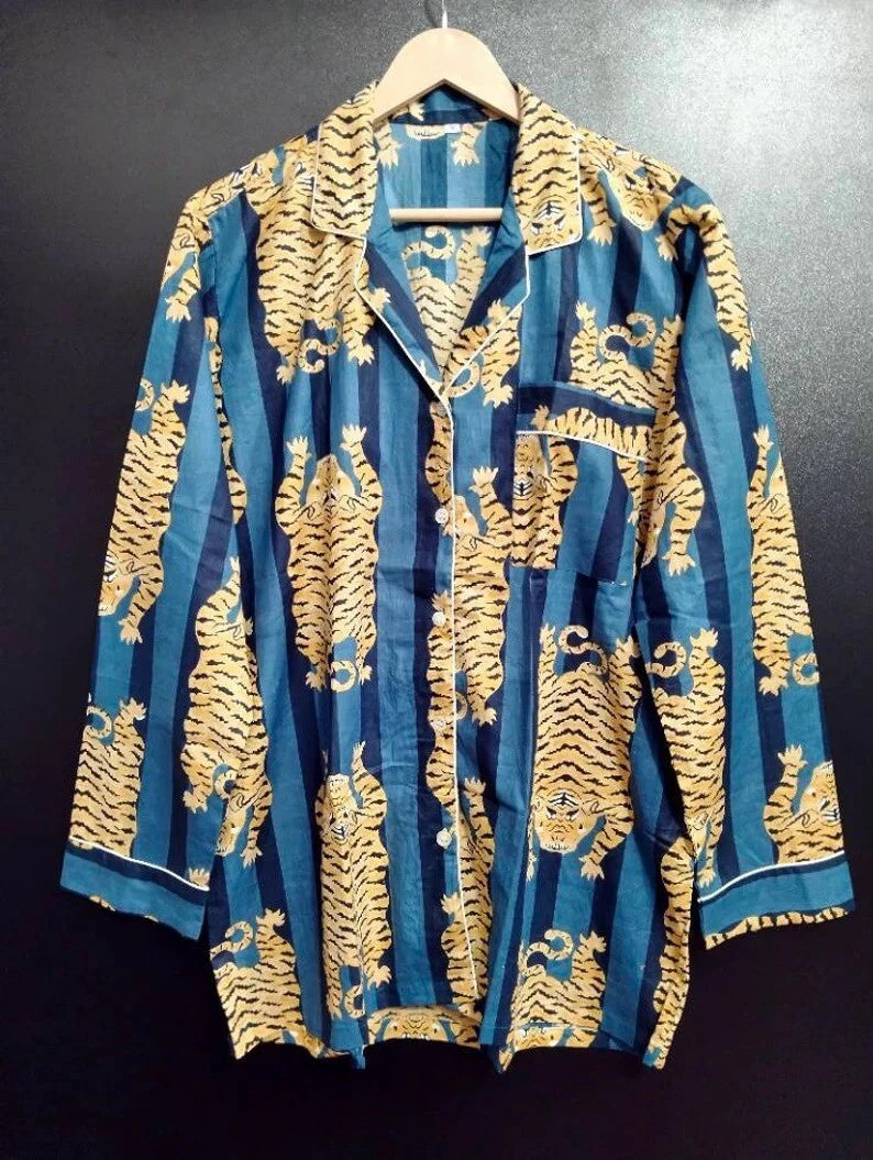 Indian Cotton Pajama Set Tiger Stripe Print Bridesmaid PJ Set Loose Clothing US