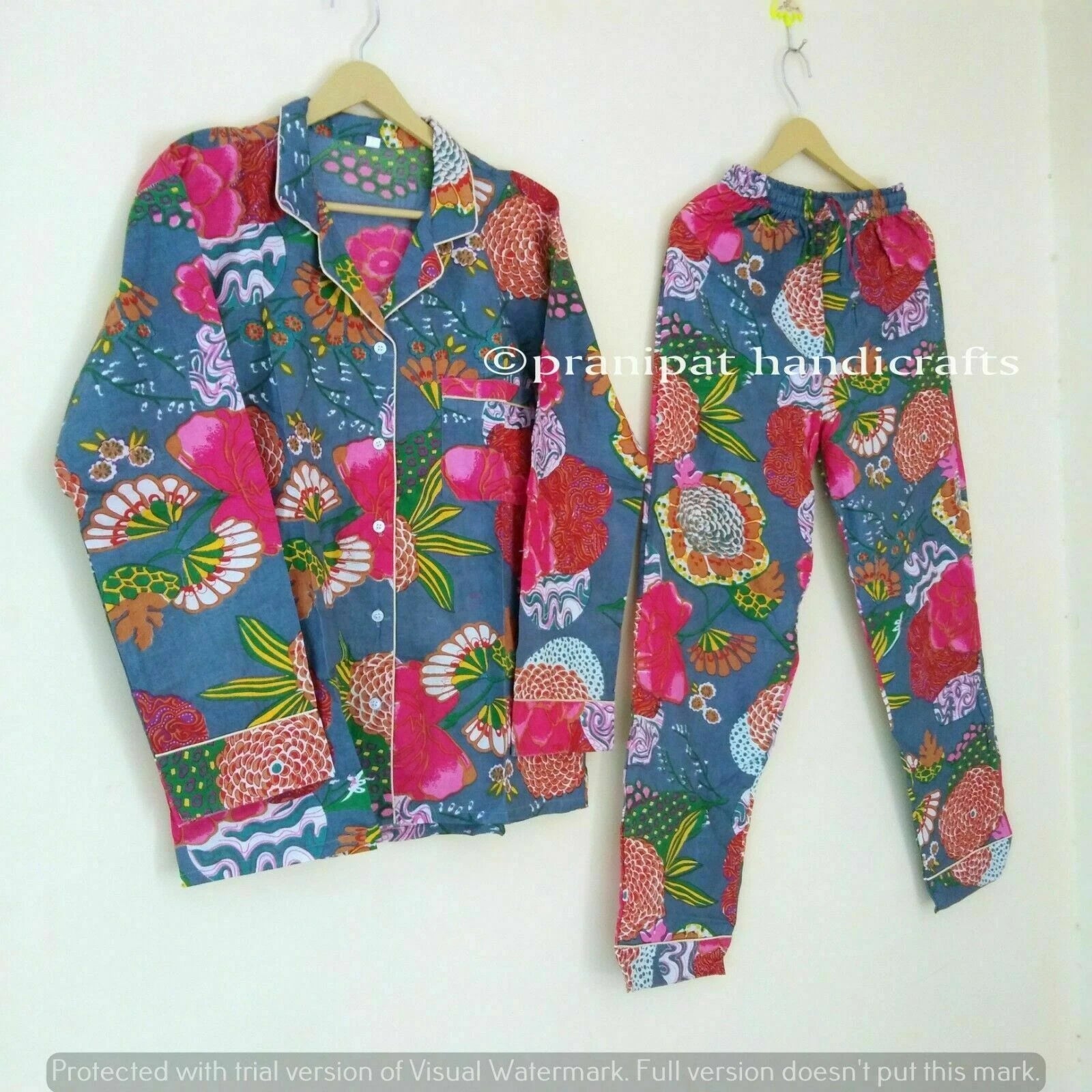 Indian Tropical Print Cotton Grey Hippie Women Gypsy Sleepwear Boho Pajama set