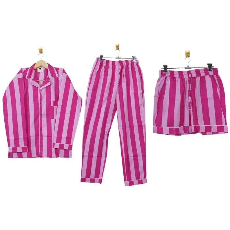 Indian Cotton Striped Print PJ Set Bridesmaid Pajama Set Women Nightwear Suit
