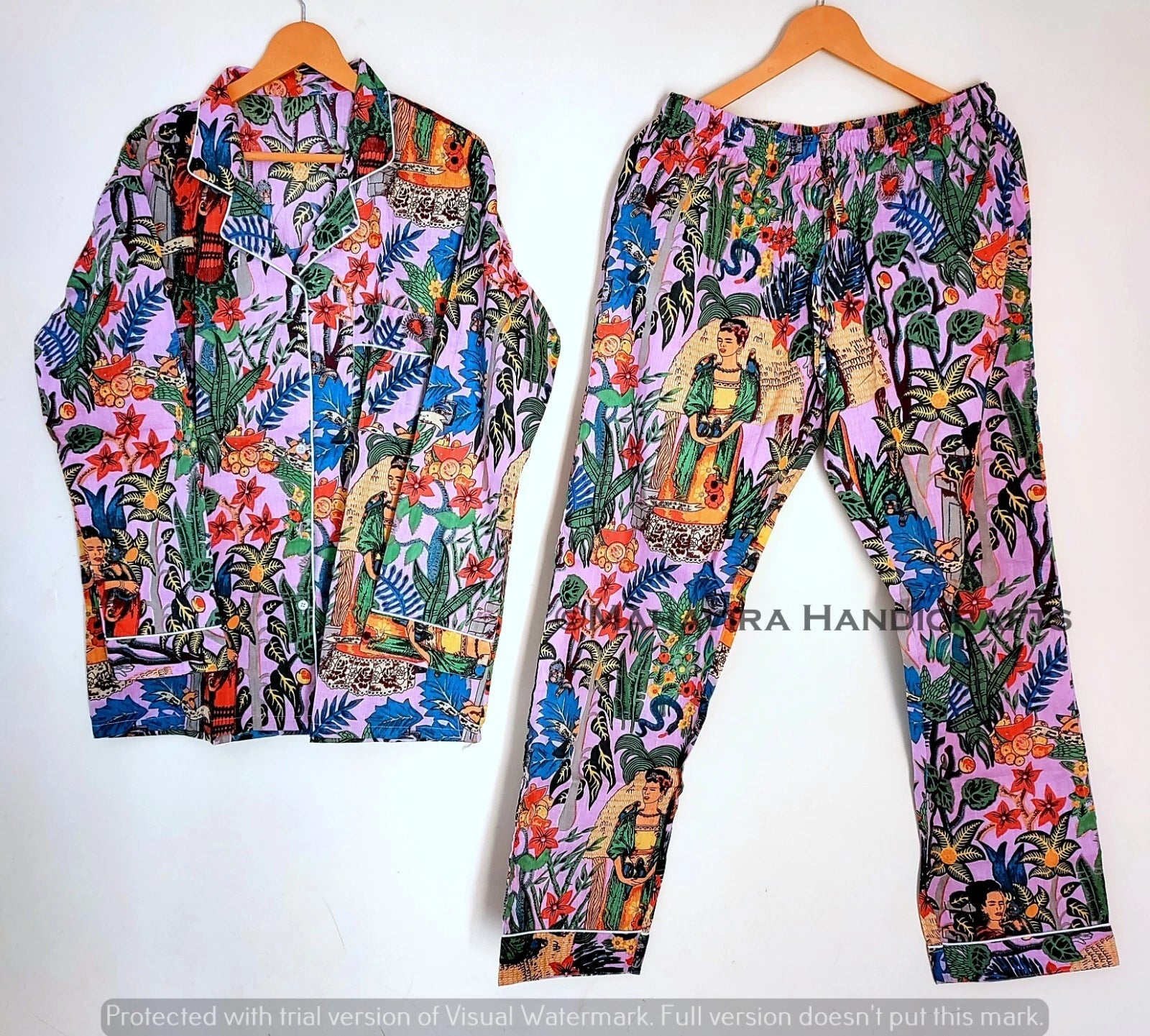 Indian Floral Print Cotton Baby pink hippie Sleepwear Bohemian Women Pajama set