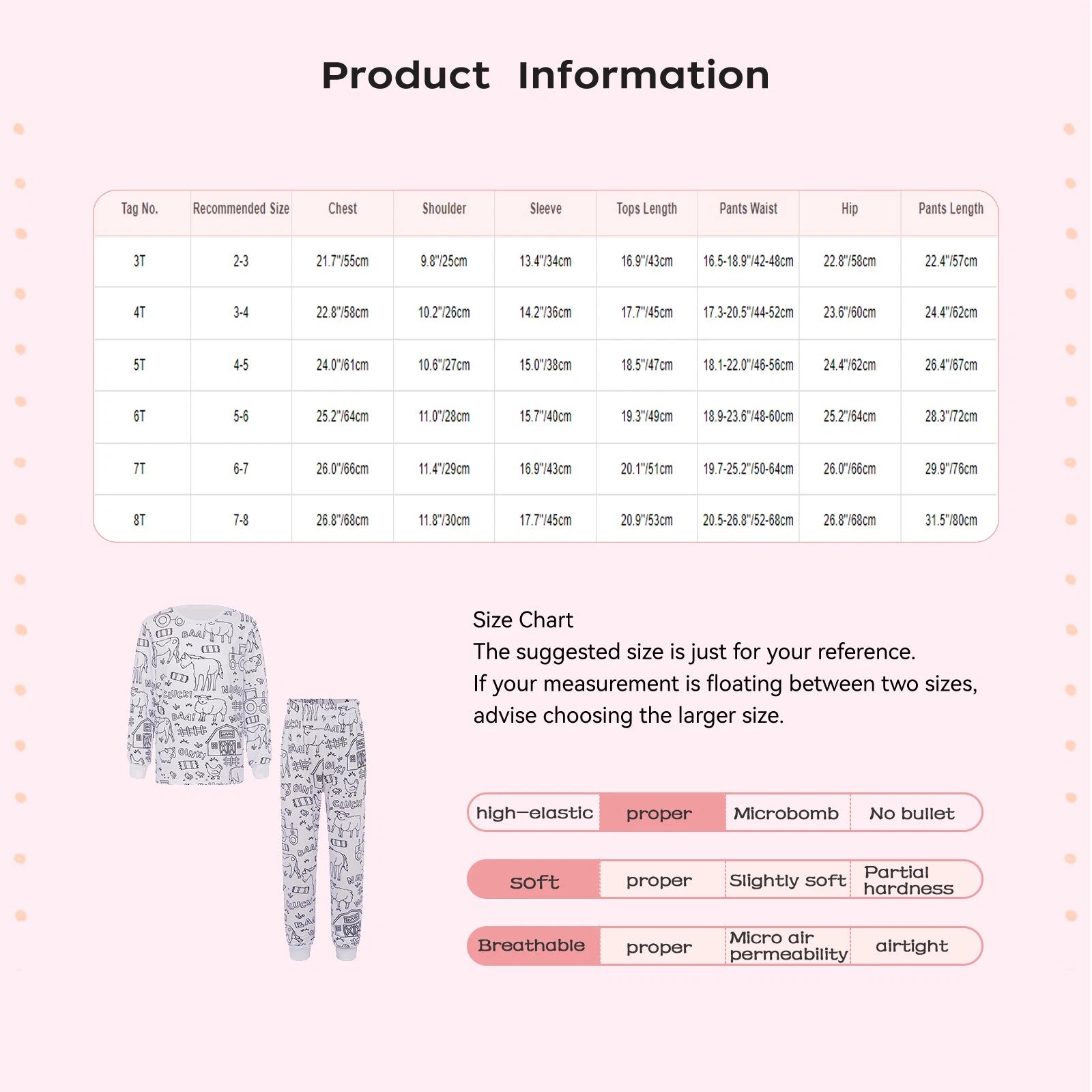 Kids Pajama Sets Hand-Painted Long Sleeve Top Elastic Waist Pants Home Sleepwear