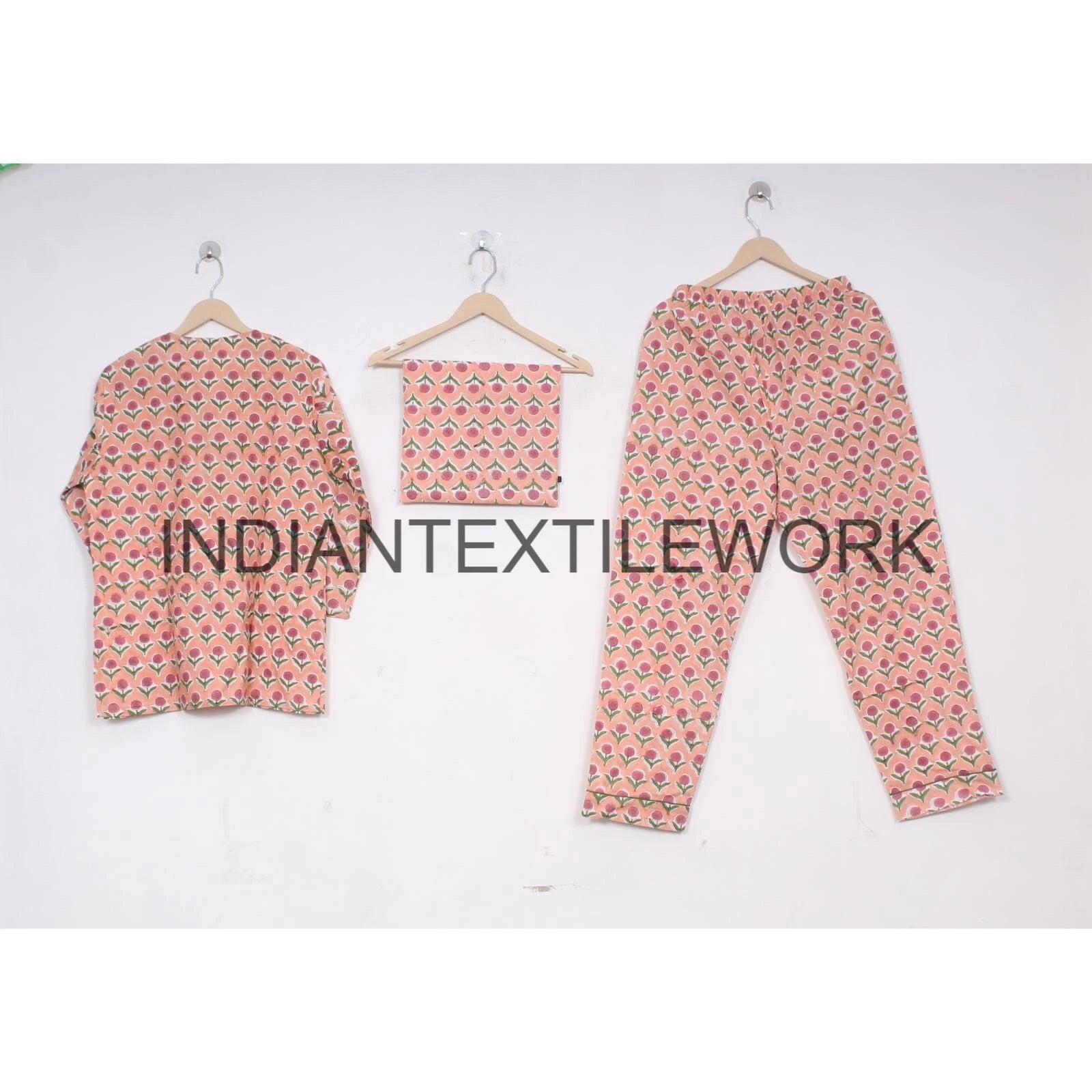 Indian Cotton Pajama Set Floral Print Home Wear Dress Morning Yoga Cotton PJ Set