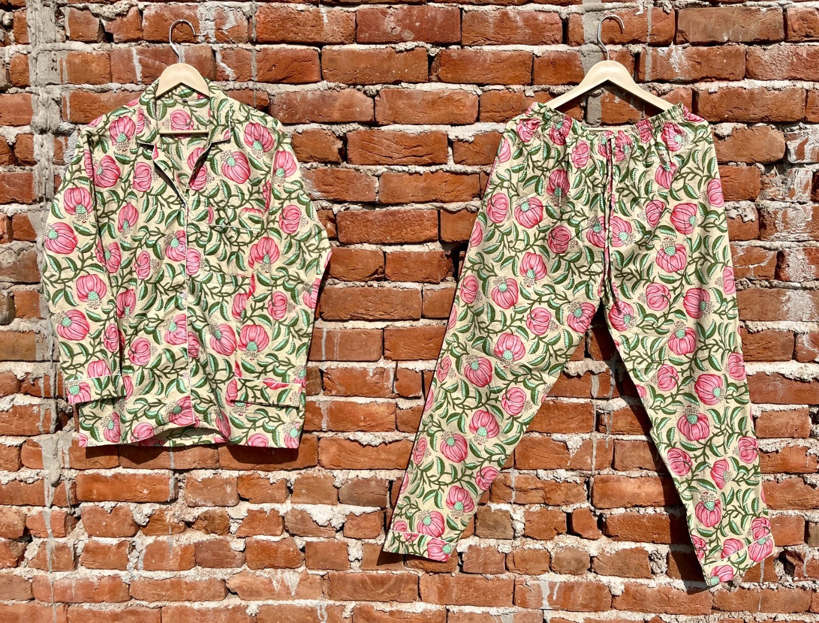 Indian Cotton Beige Floral PJ Set Bridesmaid Pajama Set Women Nightwear Suit US