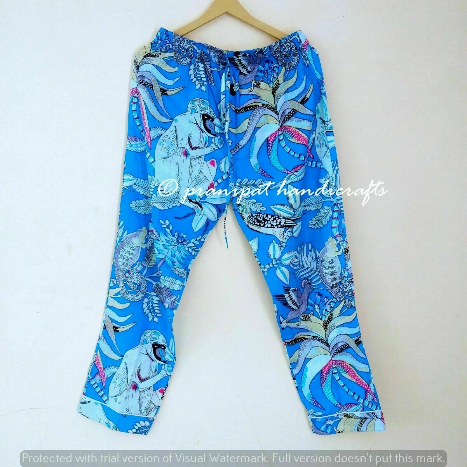 Indian Monkey Printed Cotton Turquoise Blue Women Gypsy Top-Pajama set Sleepwear