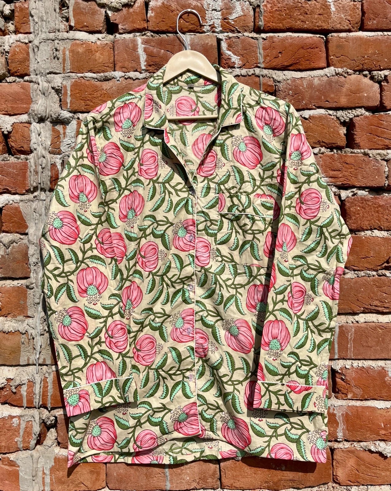 Indian Cotton Beige Floral PJ Set Bridesmaid Pajama Set Women Nightwear Suit US