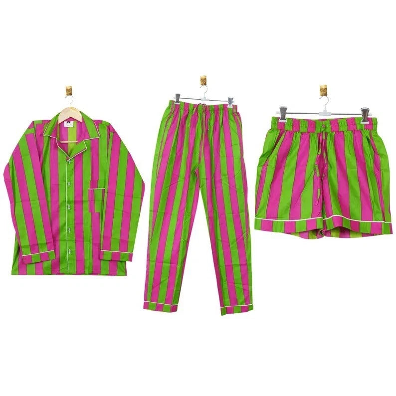 Indian 100%Cotton Hot Pant With Top & Pajama PJ Sets Nightwear Suit Stripe Print