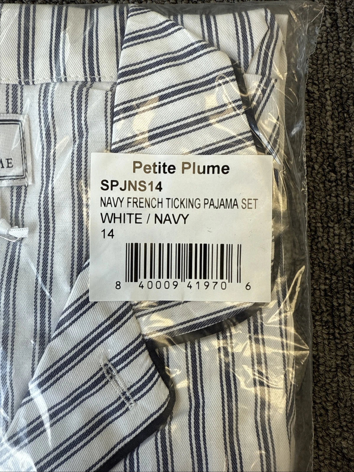 Petite Plume Kid's Twill Pajama Set in Navy French Ticking NWT MSRP $58 Sz 14