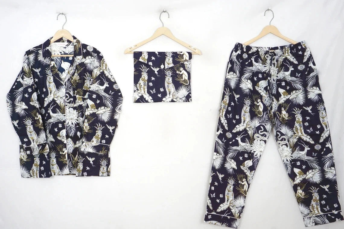 Indian Cotton Black Jungle Women Floral PJ Set Sleepwear Pajama Set Nightwear