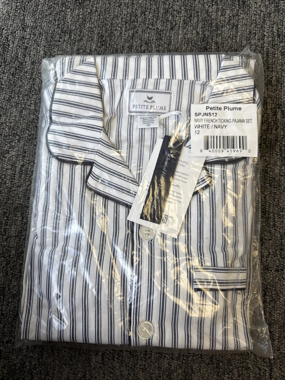 Petite Plume Kid's Twill Pajama Set in Navy French Ticking NWT MSRP $58 Sz 12