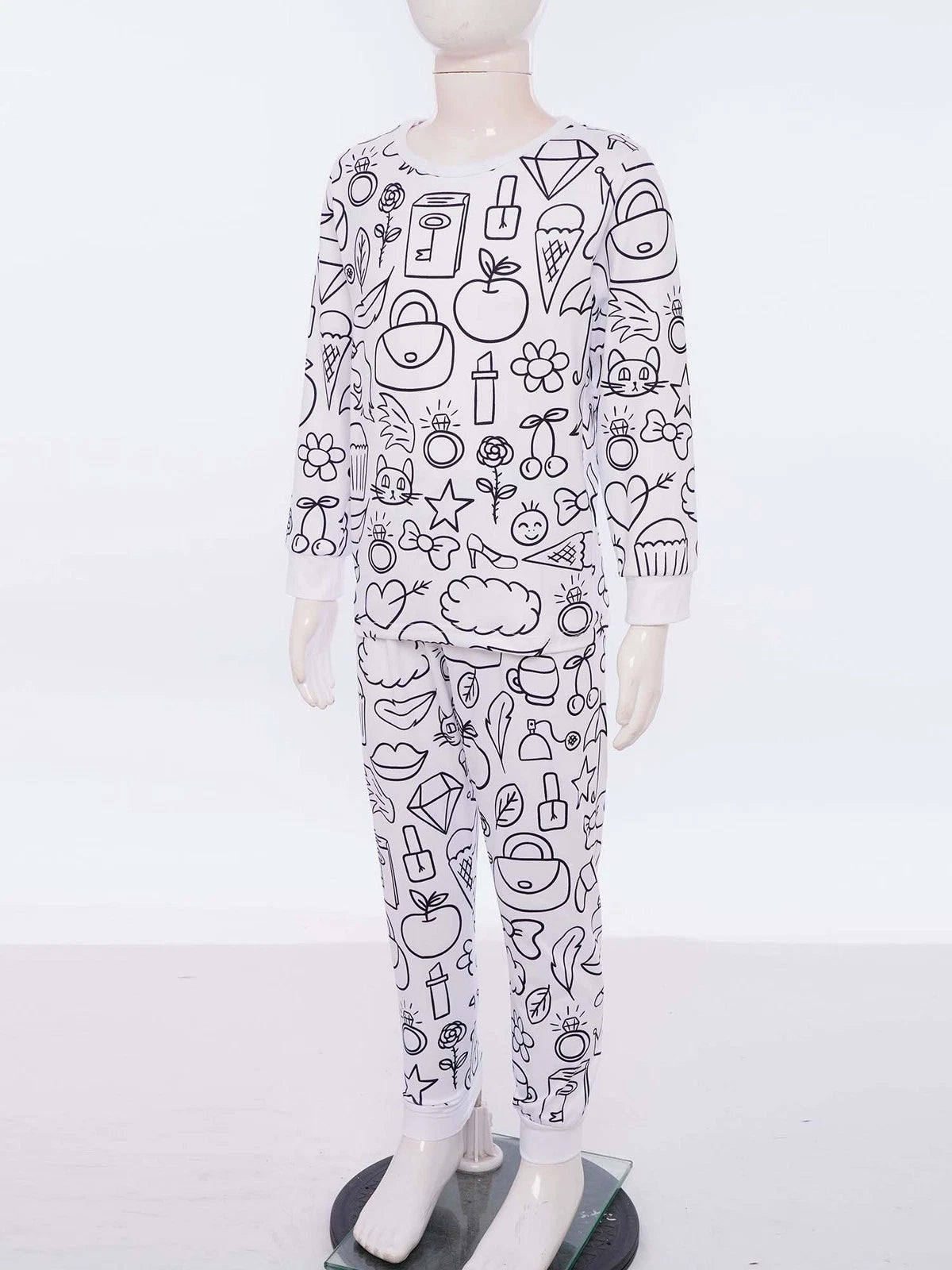 Kids Pajama Sets Hand-Painted Long Sleeve Top Elastic Waist Pants Home Sleepwear