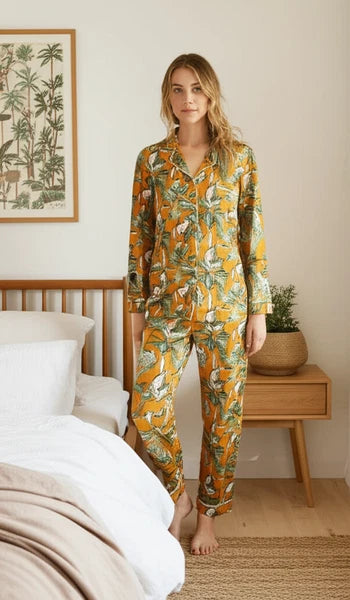 Indian Cotton Yellow Tree PJ Set Bridesmaid Pajama Set Women Nightwear Suits US