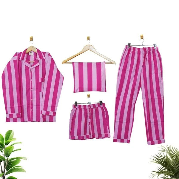 Indian Cotton Striped Print PJ Set Bridesmaid Pajama Set Women Nightwear Suit