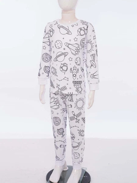 Kids Pajama Sets Hand-Painted Long Sleeve Top Elastic Waist Pants Home Sleepwear