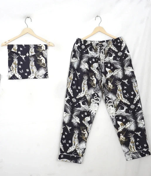Indian Cotton Black Jungle Women Floral PJ Set Sleepwear Pajama Set Nightwear