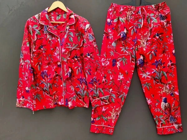 Indian Red Bird Print 100% Cotton Pajama Set Bridesmaid PJ Set Loose Clothing US