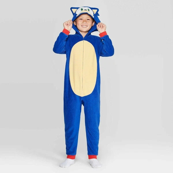 Boys Sonic the Hedgehog One Piece Pajamas Hoodie Union Suit Costume 4 6 8 10 NWT