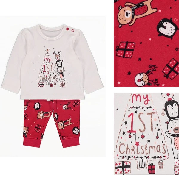 Baby Christmas Pyjamas George Red Soft Cotton 1st  Xmas Pjs Set Full Length Box
