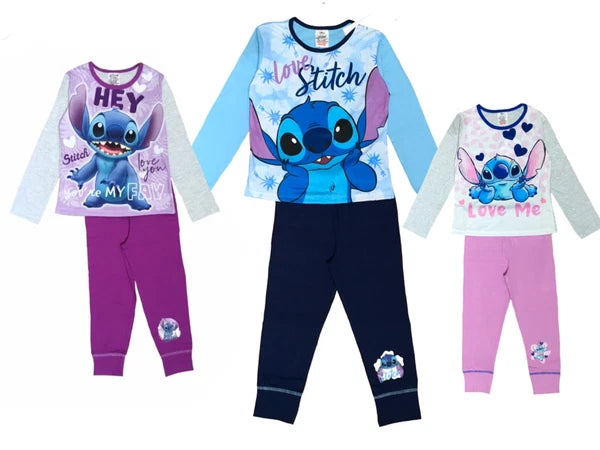 Girls Lilo & Stitch Pyjamas PJs 4-13 Years Purple Grey Pink Long Sleeved Trouser