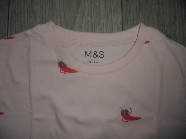M&S MARKS & SPENCER PINK MIX PYJAMA SET T-SHIRT & SHORTS AGE 10-11 YEARS