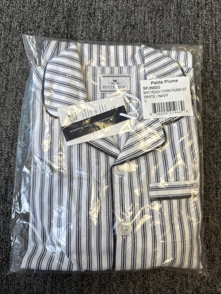 Petite Plume Kid's Twill Pajama Set in Navy French Ticking Size 3 Y NWT MSRP $58
